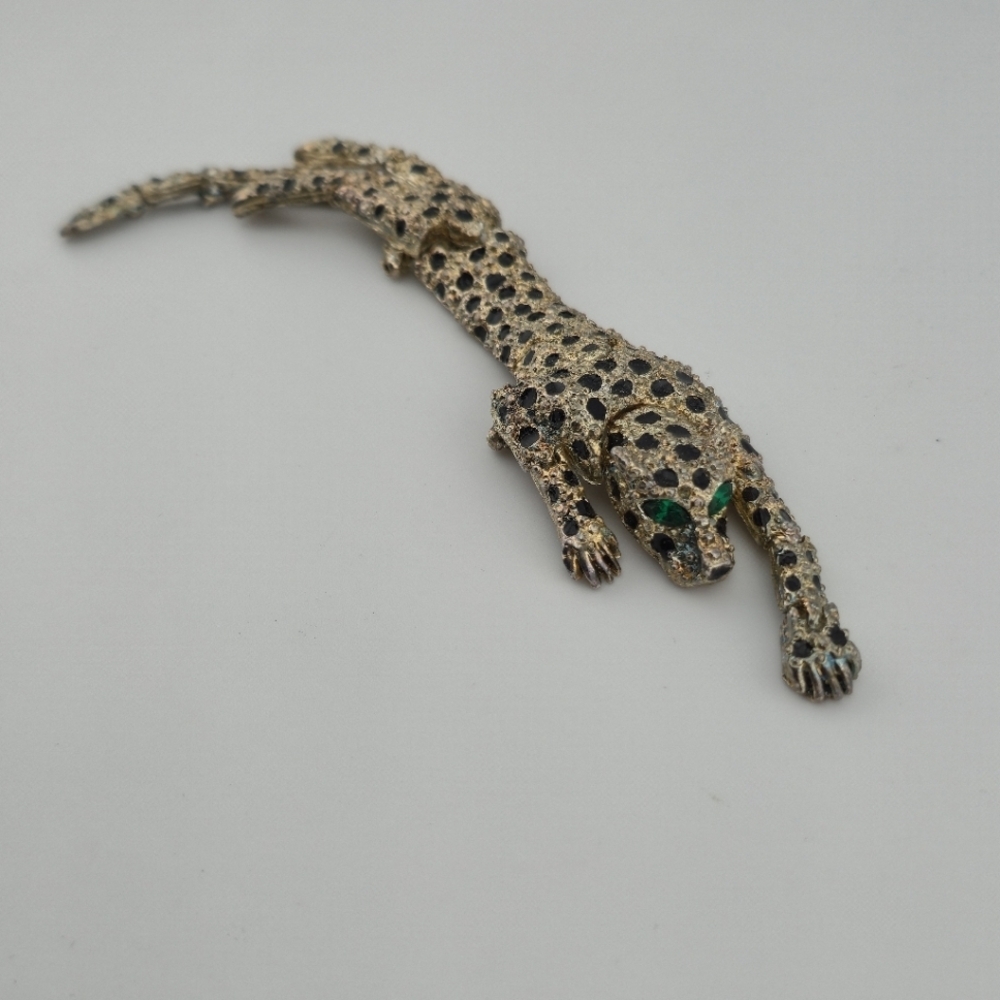 6.5" Leopard Panther Articulated Shoulder Brooch Pin Silver Tone Green Eyes
